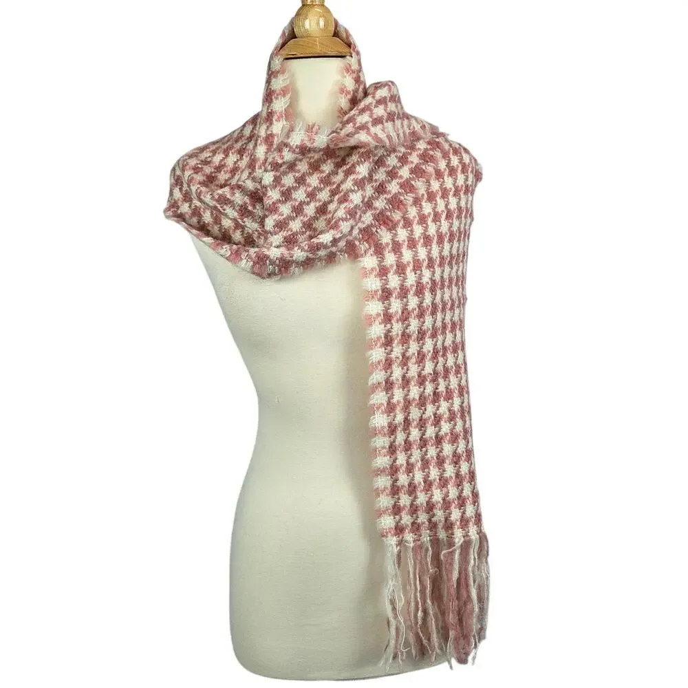 Christina Chiti Italy Soft Fringe Scarf Pink Cream Check NWT OS Cozy Warm Preppy